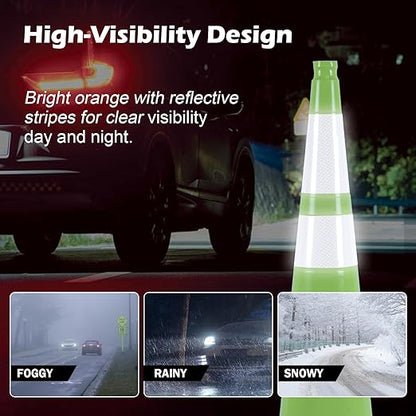 8 Pack 36 Inch Green Reflective Safety Cones, Tall Black Base Traffic Cones for Road Work, Parking Guidance and Athletic Field Marking (8, Green, 36 Inch)