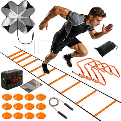 Agility Ladder Speed Training Equipment Set-20ft Ladder, 12 Cones, 4 Adjustable Hurdles, Jump Rope, Resistance Parachute| Basketball, Soccer, Football Practice Equipment for Youth, Adults