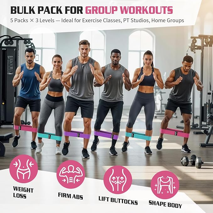 15PCS Fabric Resistance Bands for PT& Yoga Class, Athletes Training, Home Gym Exercise, Non-Slip Booty Bands Bulk Set for Glute, Leg Bands for Women, 3 Resistance Levels with Carry Bag