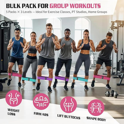 15PCS Fabric Resistance Bands for PT& Yoga Class, Athletes Training, Home Gym Exercise, Non-Slip Booty Bands Bulk Set for Glute, Leg Bands for Women, 3 Resistance Levels with Carry Bag