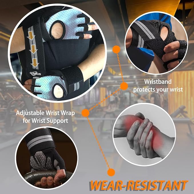 Workout Gloves for Men and Women,Gym Gloves for Weight Lifting with Wrist Support,Exercise,Rock Climbing, Biking,Training,Fitness,Pull up,Fingerless, Breathable and Snug fit