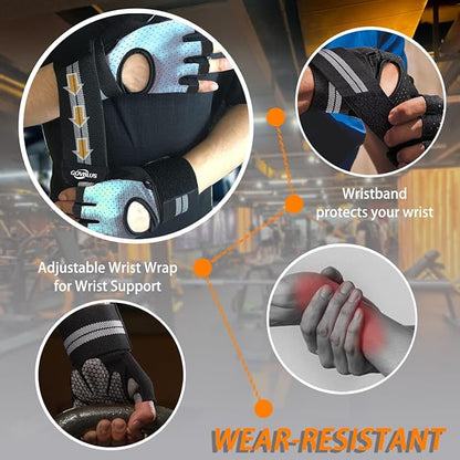 Workout Gloves for Men and Women,Gym Gloves for Weight Lifting with Wrist Support,Exercise,Rock Climbing, Biking,Training,Fitness,Pull up,Fingerless, Breathable and Snug fit