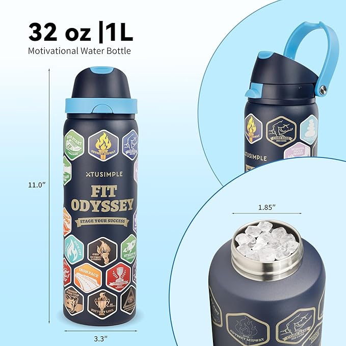 32 oz Motivational Insulated Stainless Steel Water Bottle for Sports, Gym & Travel, 2-in-1 Push-Button Spout & Quick-Flip Straw, Leak-Proof BPA-Free, Keeps Cold 30H, with DIY Fitness Stickers