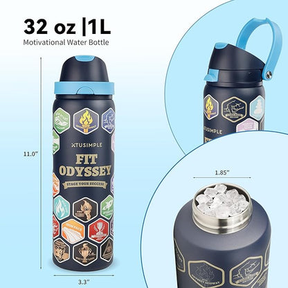 32 oz Motivational Insulated Stainless Steel Water Bottle for Sports, Gym & Travel, 2-in-1 Push-Button Spout & Quick-Flip Straw, Leak-Proof BPA-Free, Keeps Cold 30H, with DIY Fitness Stickers