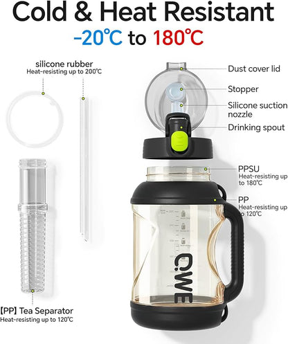 QWE Gym Plastic PPSU Water Bottles for men with Straw and Handle,Lightweight,54oz Large High-capacity for Hiking&Camping,Heat-resisting,Reusable, BPA Free,Double Drinking,leak proof(Black)
