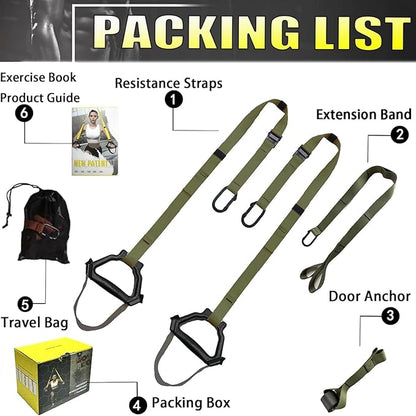 Bodyweight Resistance Training Straps, Complete Home Gym Fitness Trainer kit for Full-Body Workout, Included Door Anchor, Extension Strap, Fitness Guide