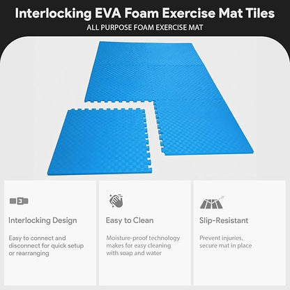 BalanceFrom Puzzle Exercise Mat 1" Thick, EVA Interlocking Foam Floor Tiles for Home Gym, Mat for Home Workout Equipment, Floor Padding for Kids, Blue, 24 in x 24 in x 1 in, 72 Sq Ft - 18 Tiles
