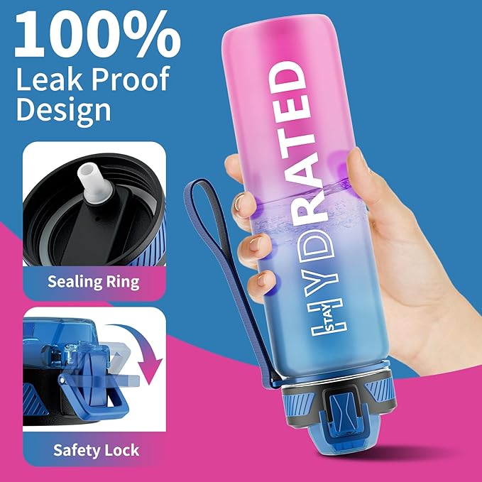 Water Bottle with Straw, 32oz Motivational Water Bottles with Time Marker to Drink, Tritan BPA Free, 1L Sports Water Bottle with Carry Strap LeakProof for Women Gym Fitness Outdoor (1 Pack)