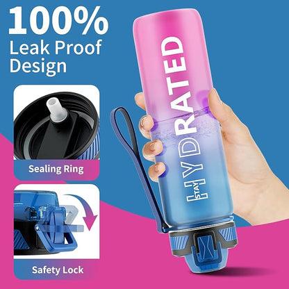 Water Bottle with Straw, 27oz Motivational Water Bottles with Time Marker to Drink, Tritan BPA Free, 750ml Sports Water Bottle with Carry Strap LeakProof for School Fitness Outdoor (1Pack)