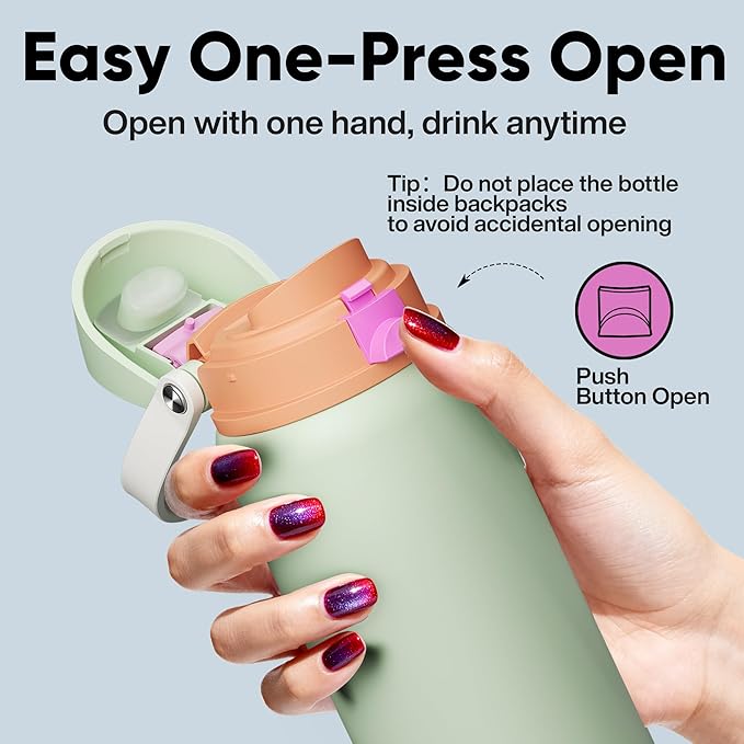 Insulated Water Bottle with Straw - Encool Stainless Steel Water Bottle with Push Button Lid, Leak-Proof & BPA-Free, Keeps Cold for 24 Hours for Sports, Travel, Gym (32 oz, Geyser Green)