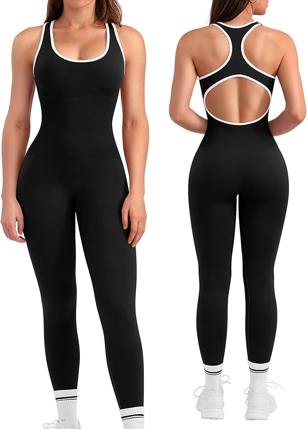 OLCHEE Womens Workout Jumpsuits Seamless Yoga Gym Bodycon Rompers Sexy Racerback Tummy Control Padded Bra Unitard