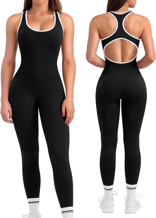 OLCHEE Womens Workout Jumpsuits Seamless Yoga Gym Bodycon Rompers Sexy Racerback Tummy Control Padded Bra Unitard