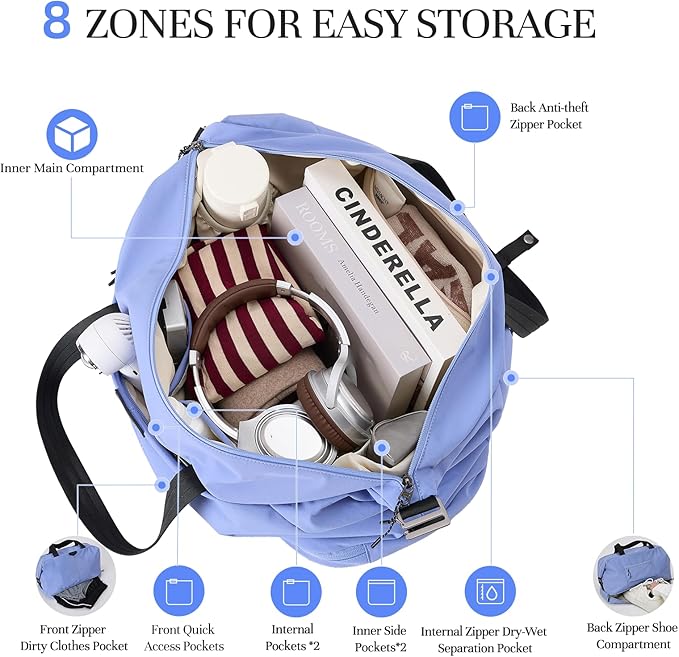 Timeet Expandable Gym Duffel Bag For Women with Yoga Mat Strap, 47L Sports Duffle Bag With Shoes Compartment&Dry Wet Pocket, Water Resistant Carry on Sports Weekend Travel Overnight Bag, Powder Blue