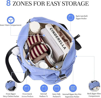 Timeet Expandable Gym Duffel Bag For Women with Yoga Mat Strap, 47L Sports Duffle Bag With Shoes Compartment&Dry Wet Pocket, Water Resistant Carry on Sports Weekend Travel Overnight Bag, Powder Blue