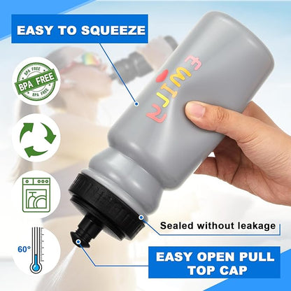 Suclain 14 Pcs Water Bottle Carrier with 20 Oz Bottles and Stickers Plastic Wide Mouth Sports Water Bottle Squeeze Team Bottles with Black Lid for Fitness Bike Gym (Grey)