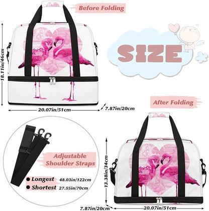 Couple Flamingo Foldable Travel Duffel Bag Tote Carry On Luggage Sports Gym Bag With Shoe Compartment For Woman Man Overnight Weekend Yoga Workout Training Handbag