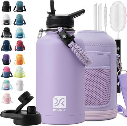 Insulated Water Bottle | Thickened Stainless Steel Vacuum Metal | Portable Sports Half Gallon Large Water Jug for Gym and Hiking with Straw, Carrier Bag, Handle Strap | BPA-Free 64 oz