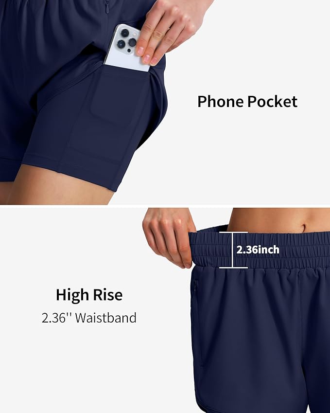 Ksmien Women's 2 in 1 Running Shorts Quick Dry Athletic Gym Workout Shorts with Liner Phone Pockets