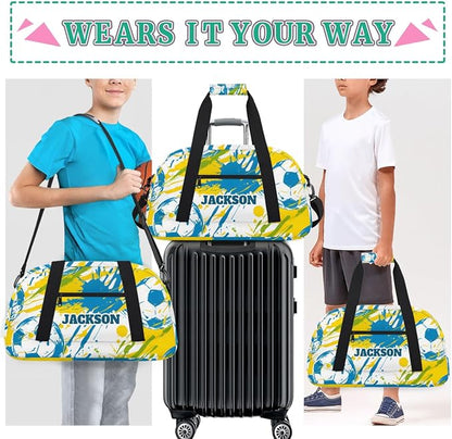 Personalized Boys Soccer Gym Duffel Bags for Kids, Custom Name Sport Training Travel Bags for Overnight Weekender