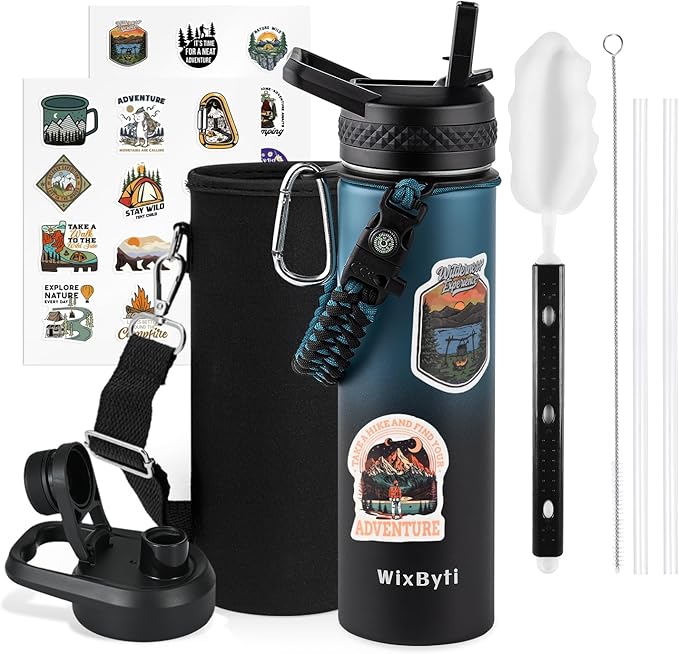 20 oz Insulated Water Bottle with Straw (Cold for 24 Hrs), Stainless Steel Triple Wall Vacuum Sports Water Jug, Leakproof Hydro Cup Flask with Paracord Handle & Straw Spout Lids & DIY Stickers