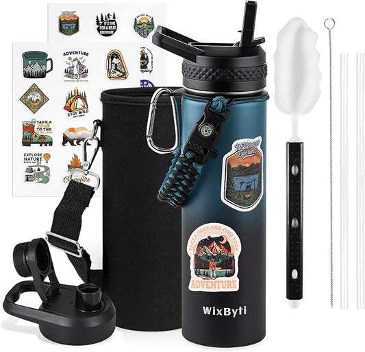 20 oz Insulated Water Bottle with Straw (Cold for 24 Hrs), Stainless Steel Triple Wall Vacuum Sports Water Jug, Leakproof Hydro Cup Flask with Paracord Handle & Straw Spout Lids & DIY Stickers