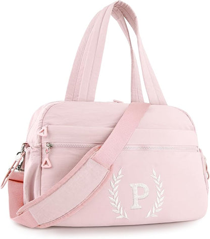 Gift for Women, Kid & Friend, Initial Girls Duffle Bag, Monogrammed Personalized Overnight Weekender, Birthday Gifts for Teen, Mom, Daughter, Grandmother, Dad (Pink, P)