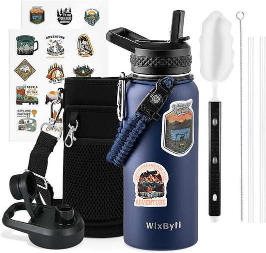 32 oz Insulated Water Bottle with Straw, Stainless Steel Triple Wall Vacuum Sports Water Jug, Leakproof Hydro Cup Flask with Paracord Handle & Straw Spout Lids & DIY Stickers