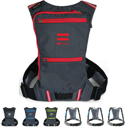 FITLY Minimalist Running Pack - Fitness Backpack Phone Holder, Storage, Thoracic Belt - Carry Personal Items - Running Gear for Men & Women - Lightweight Hydration Water Backpack