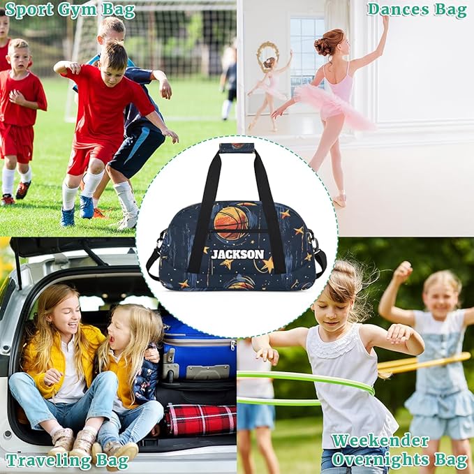 Personalized Basketball Gym Duffel Bags for Kids Boys with Custom Name Sport Training Travel Bags for Overnight Weekender, Dark Blue