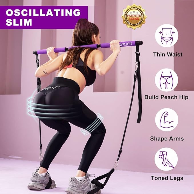 Pilates bar kit Multiple Fitness bar with Resistance Bands, Ab Rollers.Core Strength Training Equipment. Squat Machine for Men and Women.Portable Home Gym Pilates bar kit for Full Body Training Women