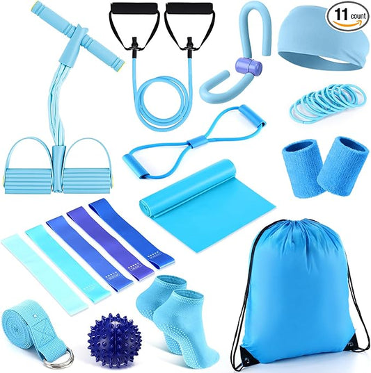 17 Pcs Home Pilates Kit with Resistance Bands 6 Tube Pedal Puller Resistance Band Set for Women Weight Loss Leg Training Workout Equipment Gym Exercise Equipment Beginners Yoga