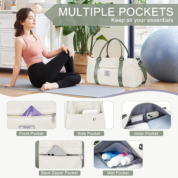 Gym Bag for Women with Shoes Compartment,Small Duffel Bag Sport bag with Toiletry Bag Overnight Travel Tote Bags Weekender Carry on Bag Personal Item Bags for Airlines Beige Green