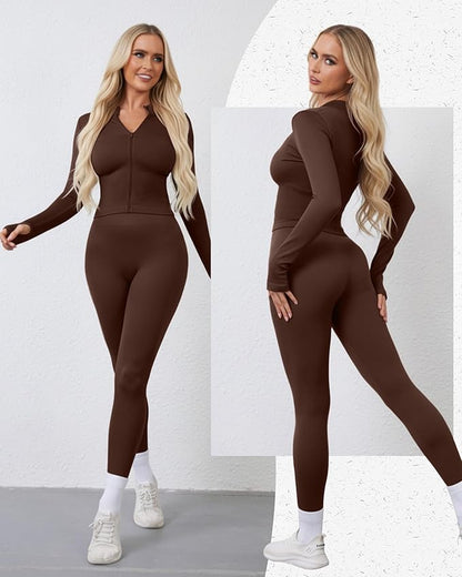Women 3 Piece Seamless Workout Set Sports Bra High Waisted Gym Yoga Leggings Zip Up Jacket with Thumbhole Activewear
