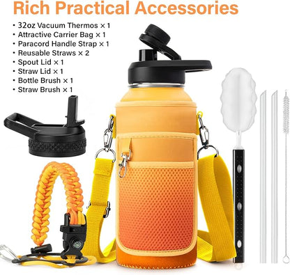32 oz Insulated Water Bottle | Upgraded Thickened Stainless Steel Water Jug for Gym and Hiking with Straw, Carrier Bag, Handle Strap | BPA-Free 32 oz