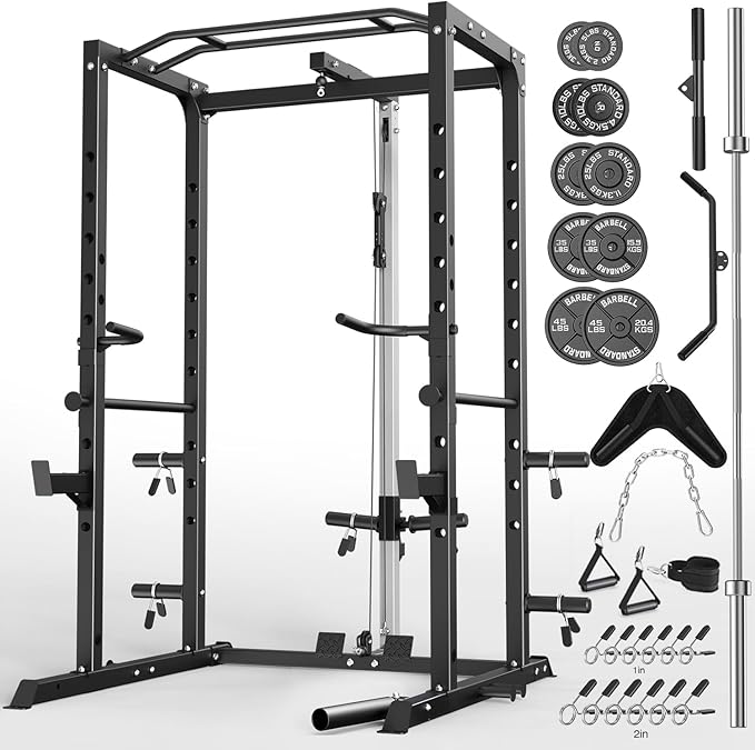 Power Cage, Multi-Functional Power Rack with J-Hooks, Dip Handles, Landmine Attachment and Optional Cable Pulley System for Home Gym