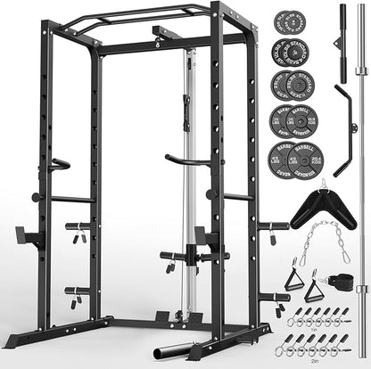 Power Cage, Multi-Functional Power Rack with J-Hooks, Dip Handles, Landmine Attachment and Optional Cable Pulley System for Home Gym