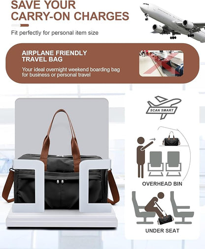 Gym Bag for Women Men with Shoe Compartment, Sport Duffel Bag, Waterproof Travel Weekender Overnight Carry on Bag for Yoga with Trolley Sleeve, Black Brown