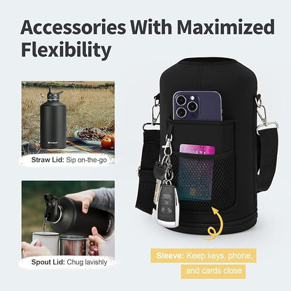 One Gallon Water Bottle Insulated, Triple Wall Vacuum Cold for 48 Hrs & Leak-proof & Non-BPA, 128oz Large Sports Stainless Steel Water Jug with Paracord Handle Straw Spout Lids & DIY Stickers
