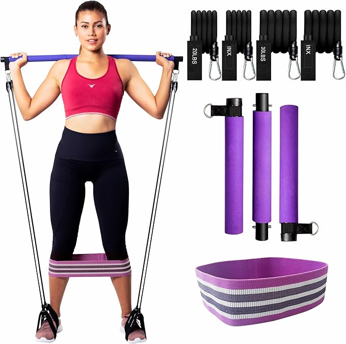 Pilates Bar Kit with Resistance Bands (Up to 100lbs) - Portable Home Gym Equipment for Squats, Yoga, and Full Body Toning - 3-Section Steel Bar + Fabric Booty Band