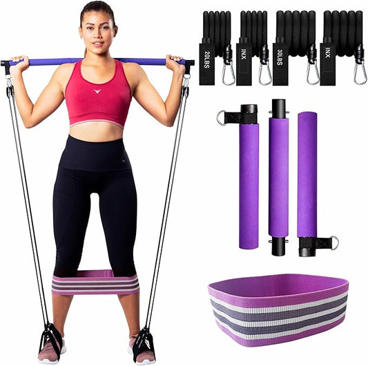 Pilates Bar Kit with Resistance Bands (Up to 100lbs) - Portable Home Gym Equipment for Squats, Yoga, and Full Body Toning - 3-Section Steel Bar + Fabric Booty Band