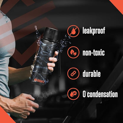 SQUATZ 24 Oz Poseidon Series Water Bottle with Shaker Ball - Premium Quality Wide Mouth Gym Flask w/Fruit Infuser Strainer, Fixed Buckle Carrying Strap, Zero Condensation Sleeve, Black