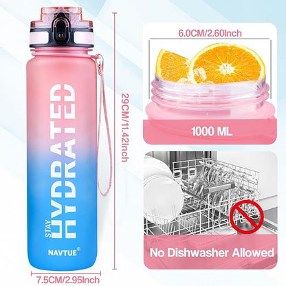 Water Bottle, 32oz Sports Water Bottles with Time Marker Wide Mouth, Motivational and Leakproof Drink Bottle, BPA Free Tritan with Carry Strap for Gym Fitness Outdoor(1 Bottle)