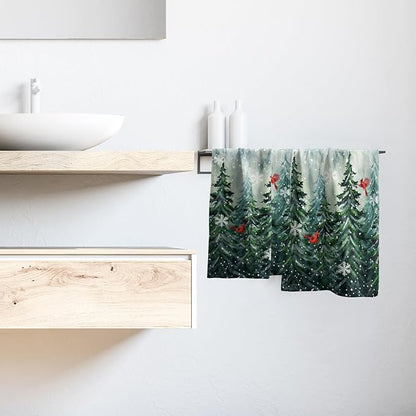 Winter Watercolor Tree Hand Towels for Bathroom 2 Packs Christmas Dark Green Pine Trees Kitchen Towels Misty Forest Cardinal Holiday Super Soft Fast Drying Washcloths for Home Hotel Gym