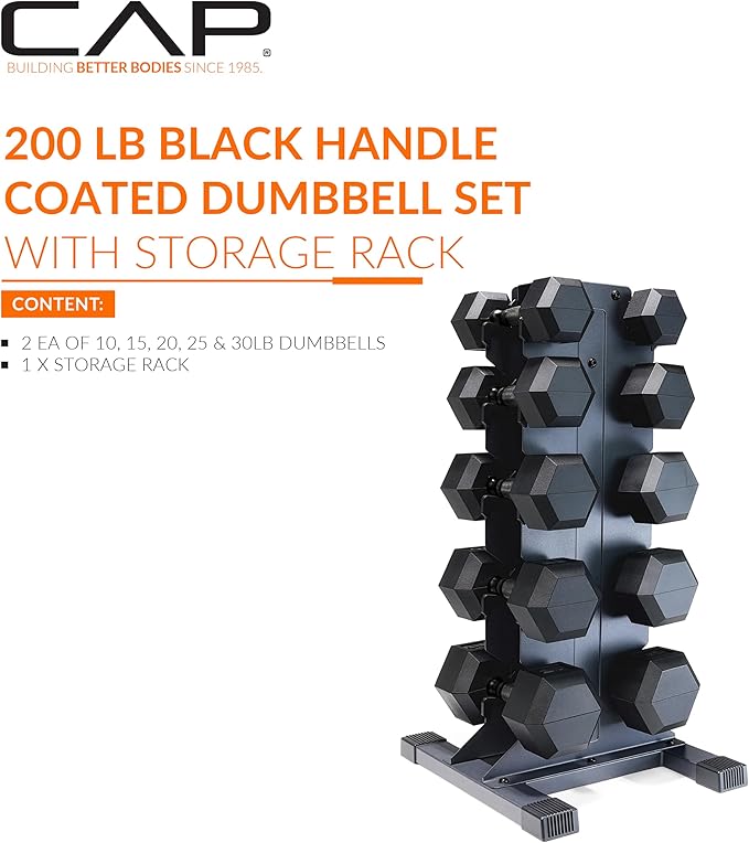 CAP Barbell Rubber Coated Hex Dumbbell Set with Vertical Rack | 100-300 lbs Free Weights Dumbbells Set for Home Gym | Multiple Options