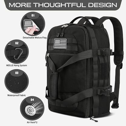 ETRONIK Gym Bags for Men, Large Tactical Duffle Bag Backpack with Shoe Compartment, 3 in 1 Carry on Bag Travel Backpack with Wet Pocket, Weekender Overnight Range Bag for Workout Football Gym, Black