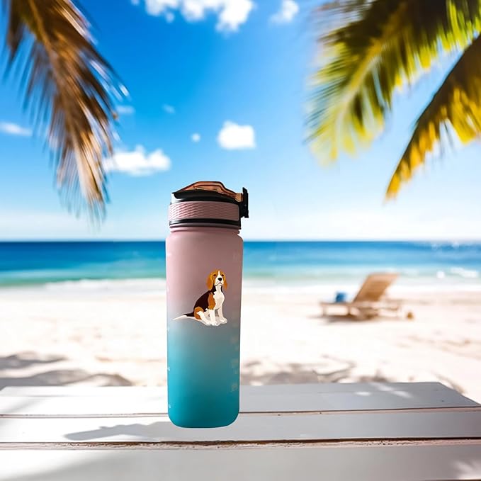 Beagle Dog Water Bottle Pink Blue Large 32 Oz Capacity - Time Marker & Easy-Clean Detachable Straw, BPA-Free Leakproof, Perfect for Fitness Gym, Camping, Outdoor Sports
