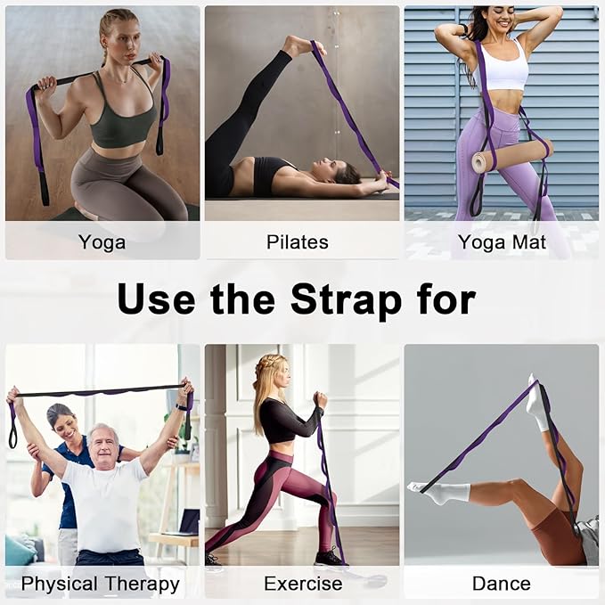 Yoga Strap for Stretching with 10 Loops Inelastic Soft Polyester Cotton Stretch Out Band for Exercise, Yoga, Pilates and Dance for Men and Women