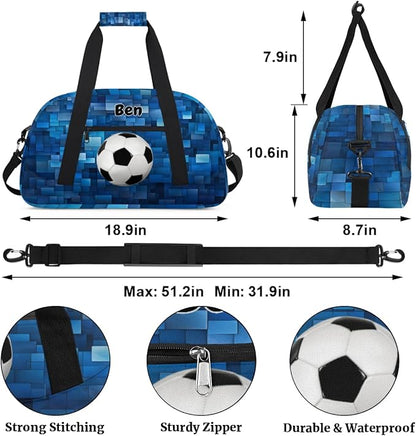 Personalized Gym Duffel Bag for Boys - Customized Training, Cheer, Travel & Overnight Bag - Blue Geometric Pattern