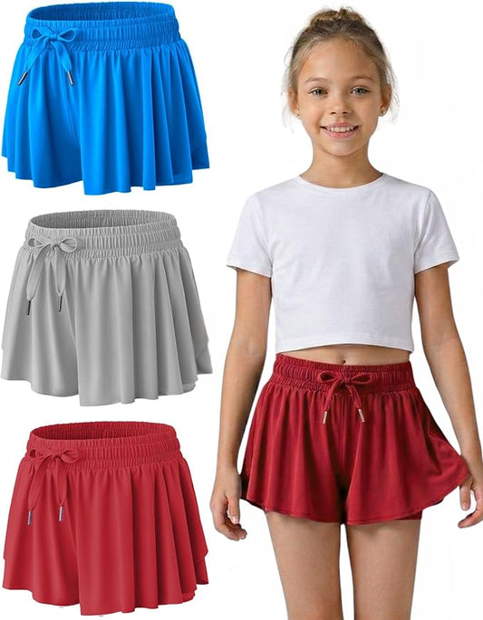 3 Pack Girls Flowy Shorts with Spandex Liner 2-in-1 Youth Butterfly Skirts for Fitness, Running, Sports
