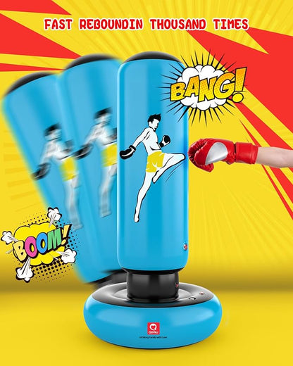 QPAU Kids Punching Bag Toy with Boxing Gloves, 66 Inch Larger Stable Kids Inflatable Boxing Bag Set, Gifts for Boys & Girls Age 6-12, for Practicing Karate, Taekwondo, MMA